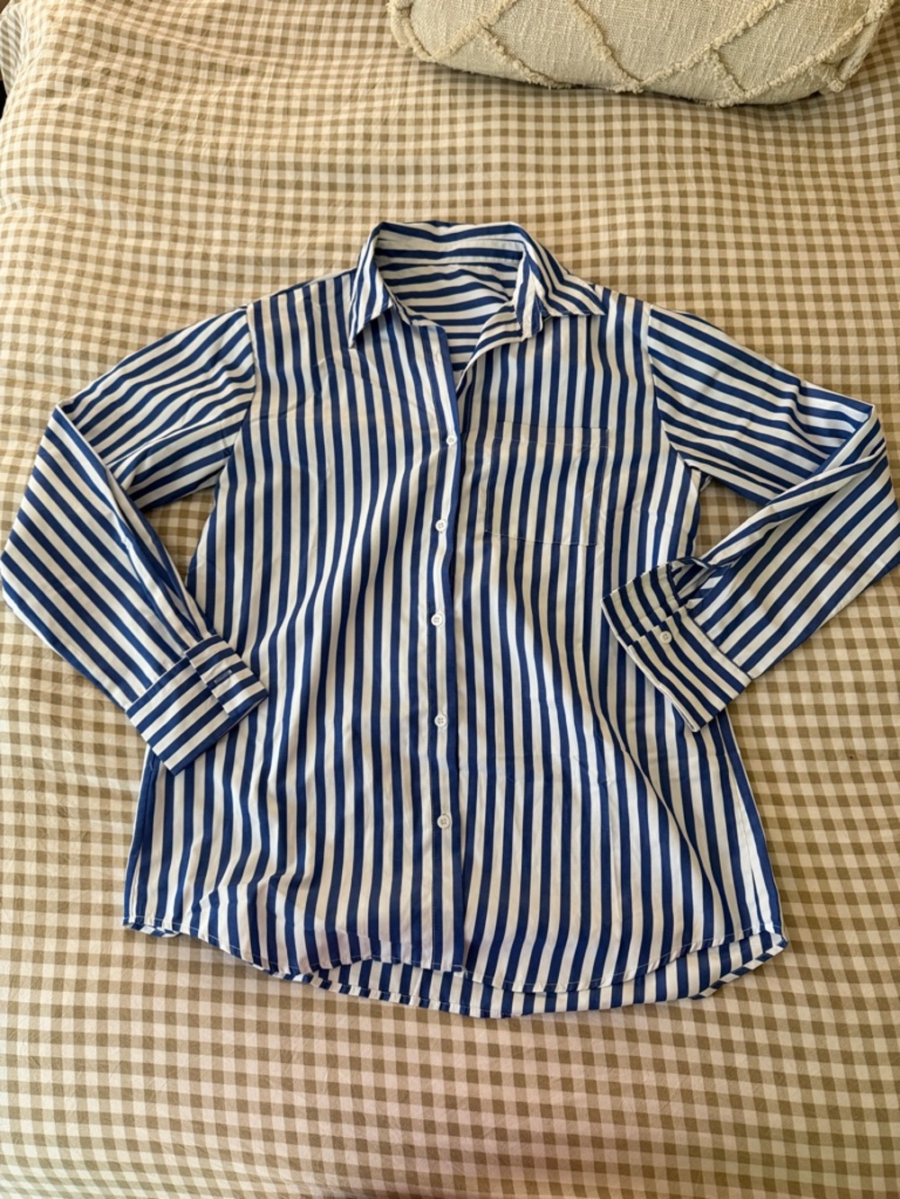 SHEIN Blue and White Vertical Stripe Button-Down Shirt